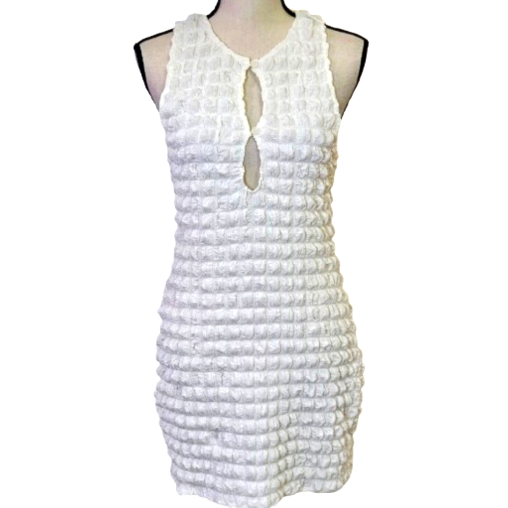 SALTY Ivory White Keyhole Bubble Textured Sleeveless Mini Dress,Large